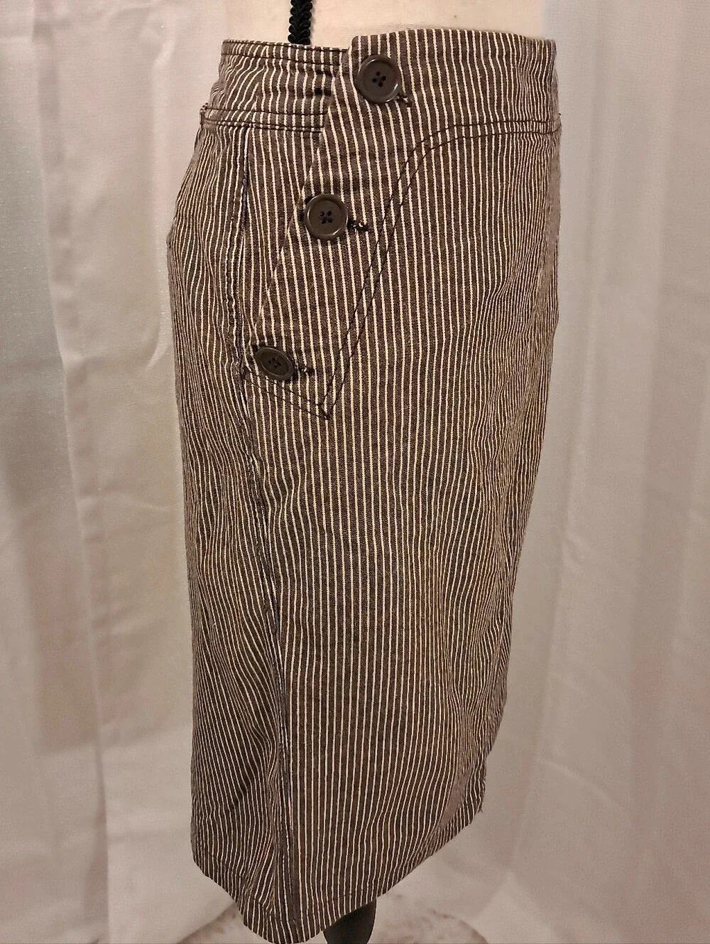 Dressbarn Brown Stripe Cotton Skirt Buttons Pockets Business Casual Preppy 12